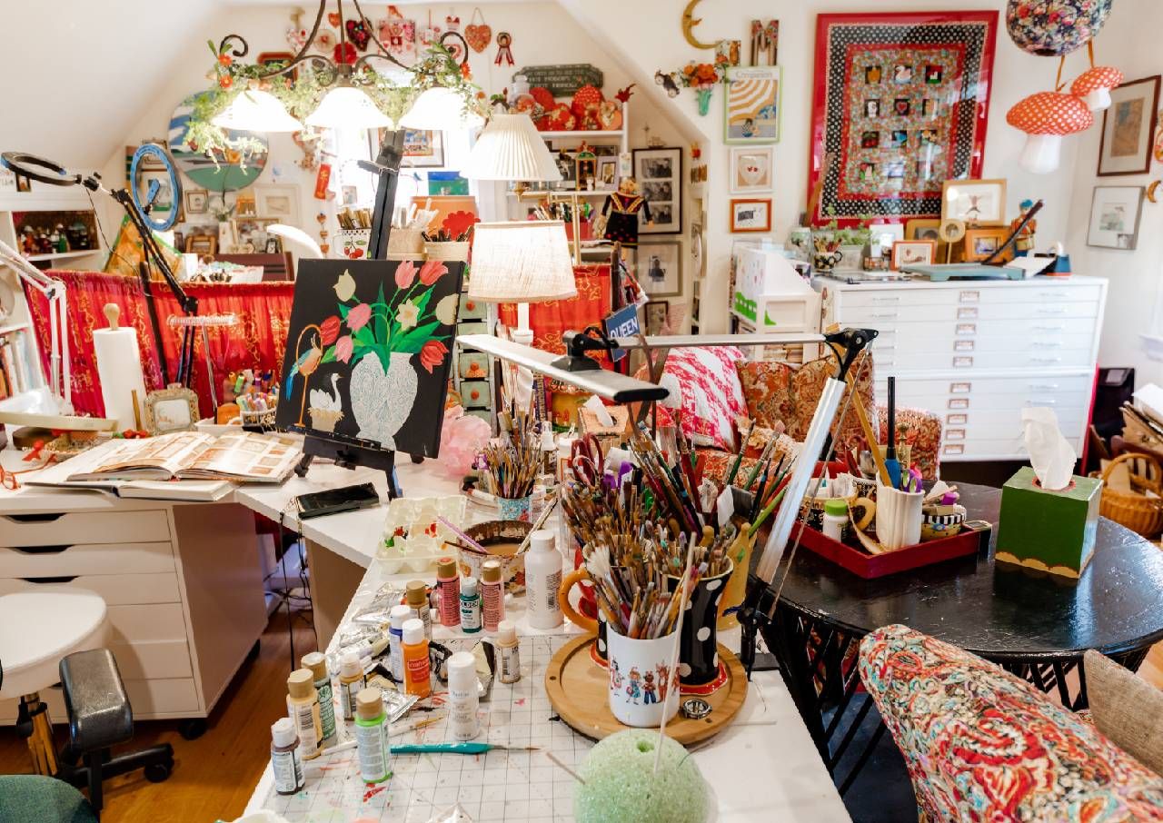 Interior of an artist's studio. Next Avenue, Mary Engelbreit