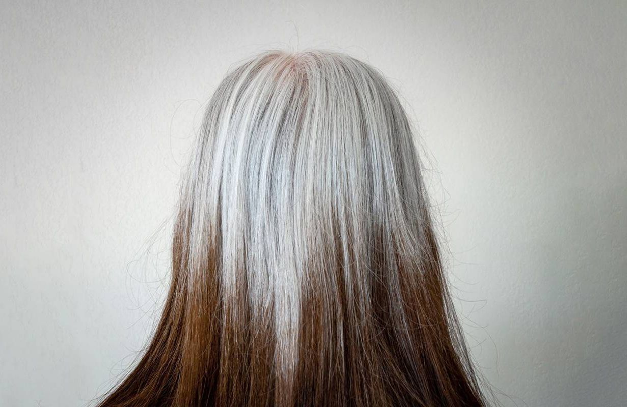 Rear view of a woman's hair with grown out roots. Next Avenue, gray hair
