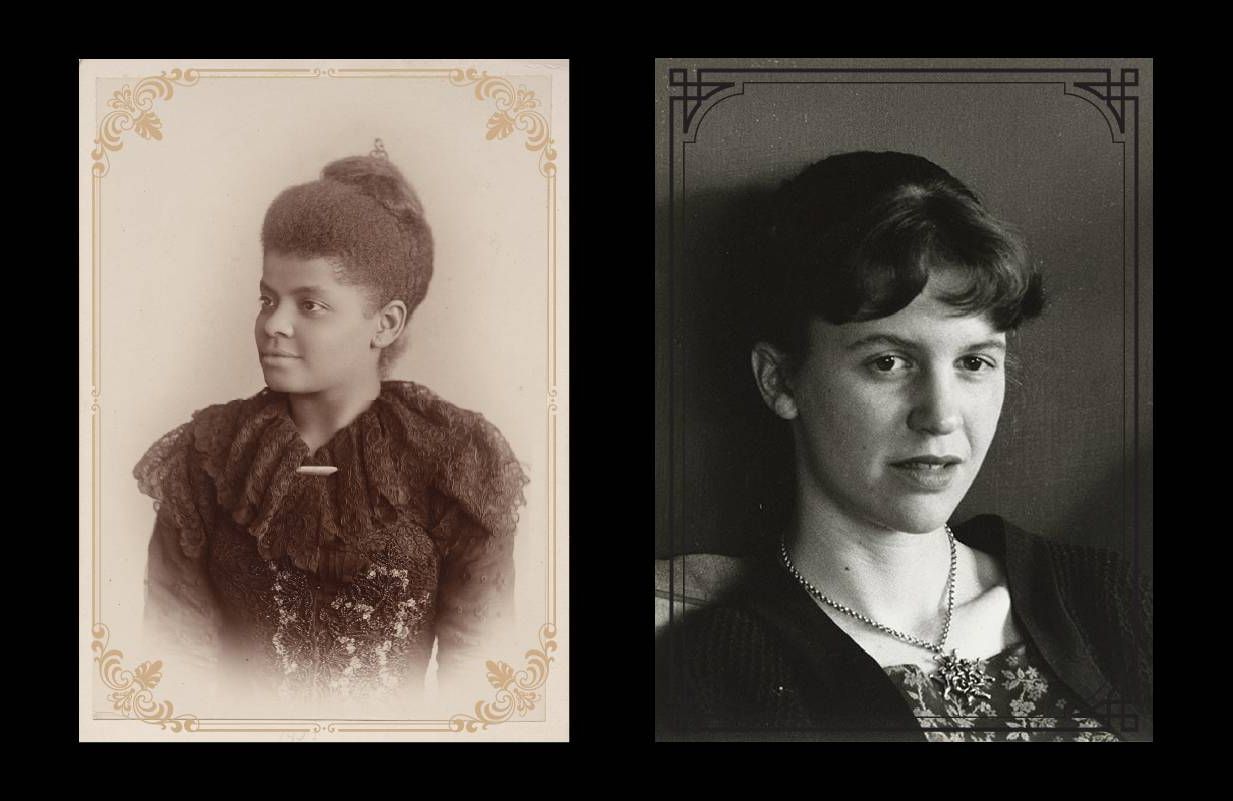 A portrait of Ida B. Wells and a portrait of Sylvia Plath