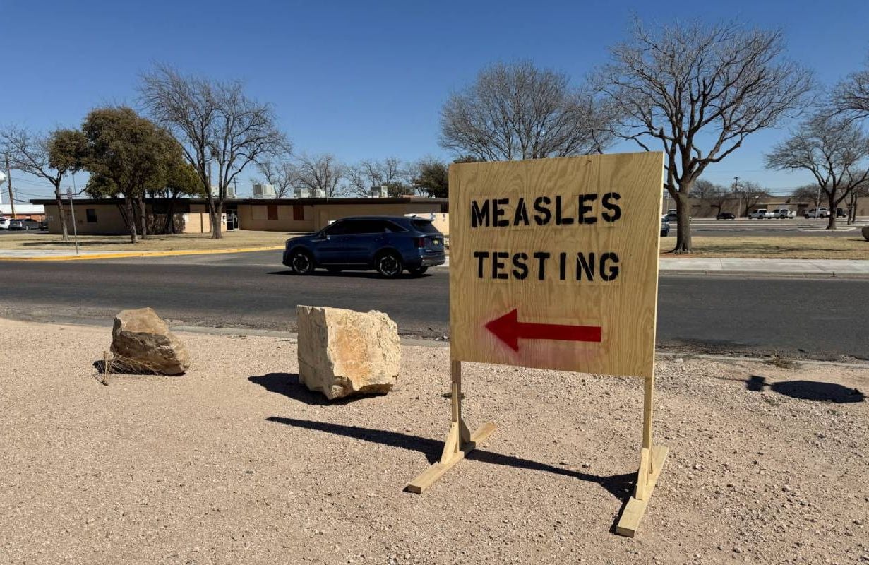 A sign reading "measles testing" is seen as an outbreak in Gaines County, Texas, has raised concerns over its spread to other parts of the state, in Seminole, Texas, U.S., February 25, 2025.