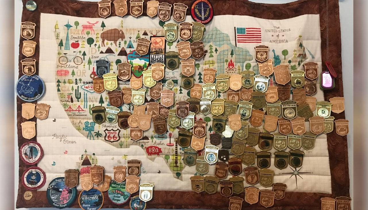 A quilted wall hanging with many small pins. Next Avenue, stuff, downsizing, collecting