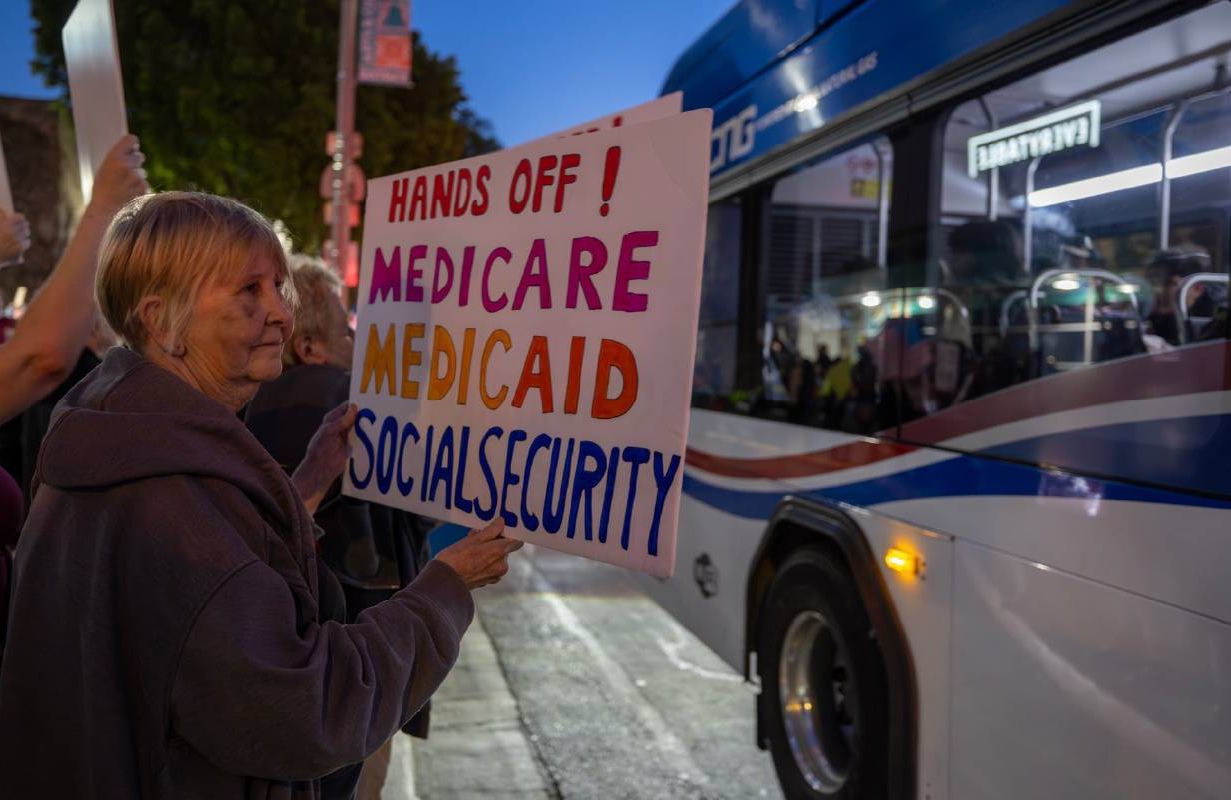 Protesters on April 5, 2025 in Riverside, California. Next Avenue, medicare, medicaid, social security cuts, DOGE, trump