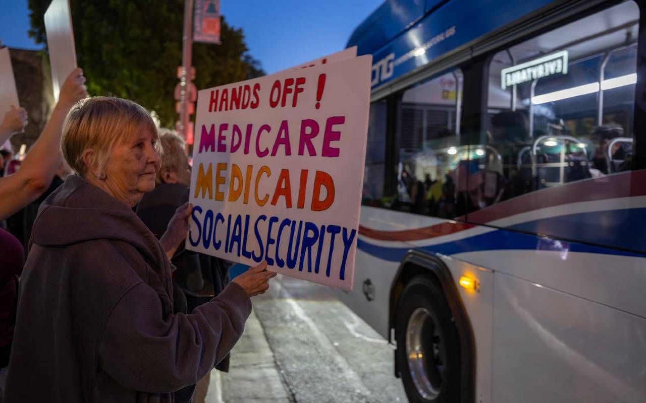 Protesters on April 5, 2025 in Riverside, California. Next Avenue, medicare, medicaid, social security cuts, DOGE, trump