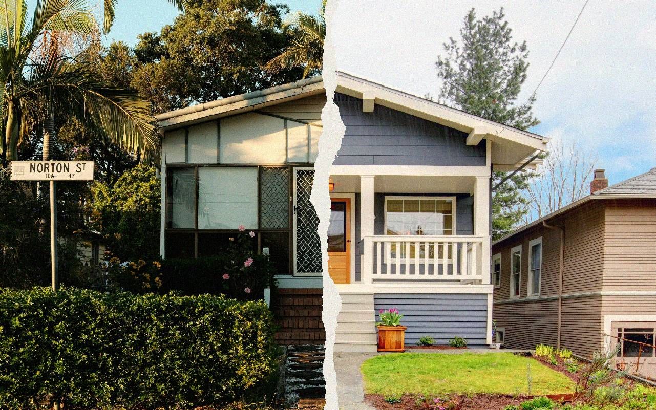 A photo collage of two houses mushed together. Next Avenue, blended families, stepmother, stepdaughter, stepfamily