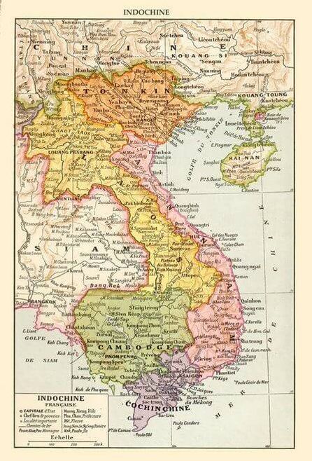 French Indochina c. 1930. Vietnam at that time was divided into 3 regions—Tonkin in the North, Annam in the long center section, and Cochinchina in the South.