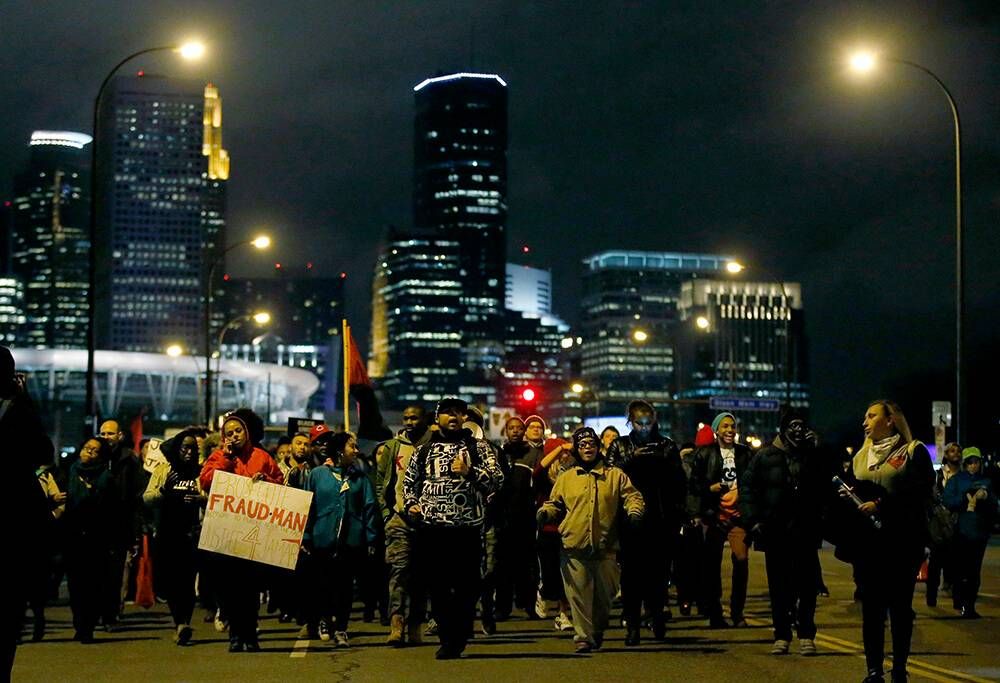 March 30, 2016, Protesters made their way out of downtown Minneapolis to North Minneapolis. Evening marches and protests began in Minneapolis following the announcement that there will be no charges against Minneapolis police officers in the shooting death of Jamar Clark.
