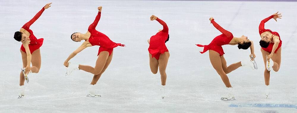 February 23, 2018, Ivett Toth of Hungary during her free skate. 2018 PyeongChang Winter Olympics, South Korea. Women's Single Skating Free Skating, Gangneung Ice Arena. (Editors Note - Photo made using multiple exposure in camera.)