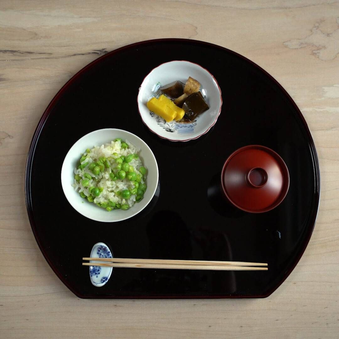 Hagama-cooked hokkaido yumepirika rice with first-of-the-season English peas, homemade pickles and hatcho miso soup
