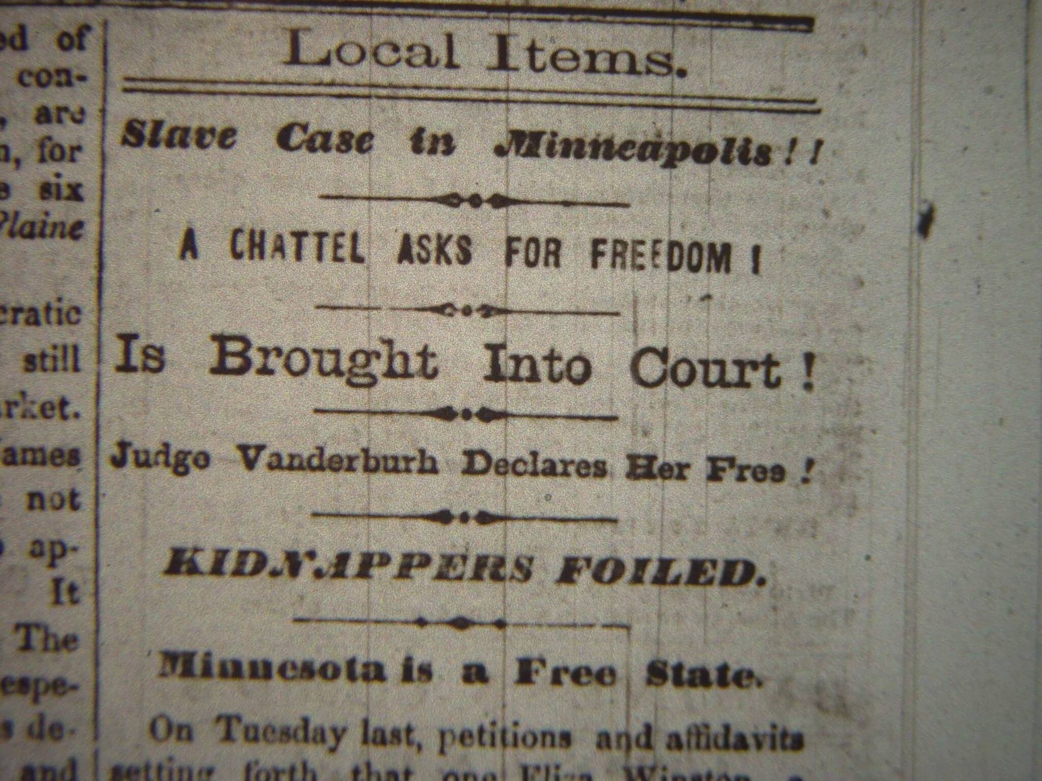 A newspaper story reports on Emily Grey's efforts to steal away slave Eliza Winston.