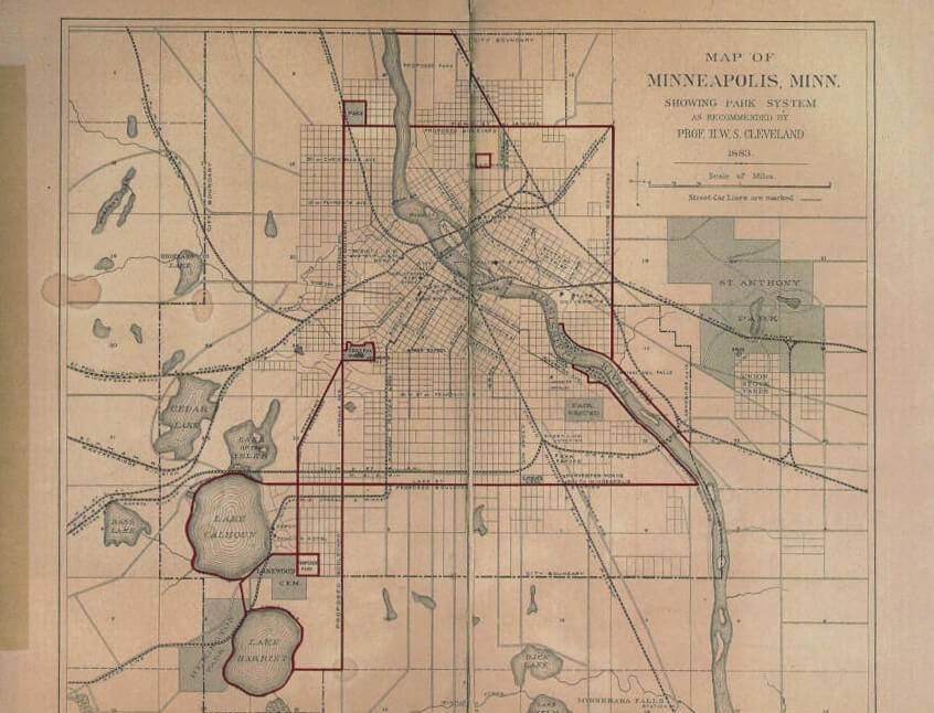 1883 map of Minneapolis, MN showing the park system and Grand Rounds route as recommended by H. W. S. Cleveland. Image via Hennepin County Library.