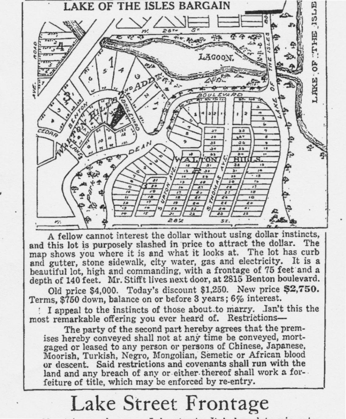 Advertisement placed by Edmund G. Walton in the Minneapolis Morning Tribune, January 12, 1919. The anti-Semitic restriction is located in the final paragraph.