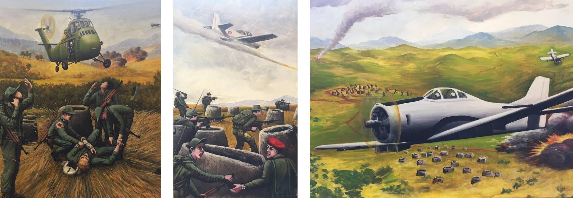 Paintings of war scenes from the Secret War in Laos