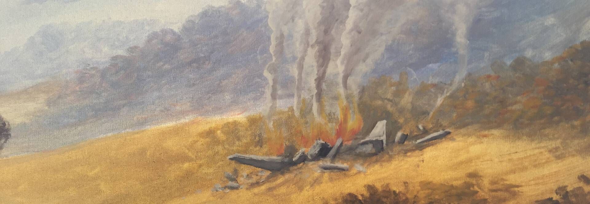 Painting of a crashed plane in a meadow