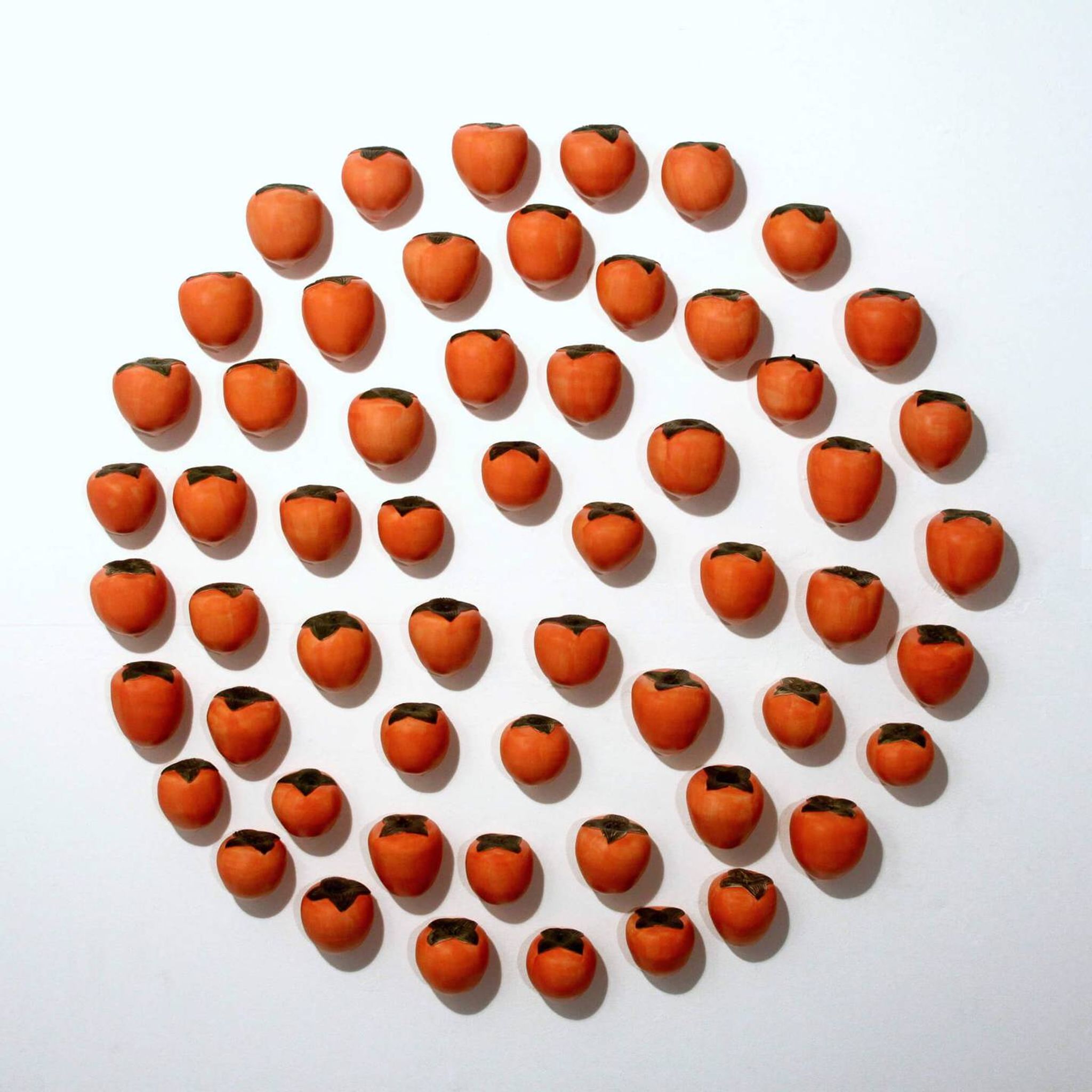 An art piece by Juliane Shibata made of many artificial persimmons constructed in a circle.