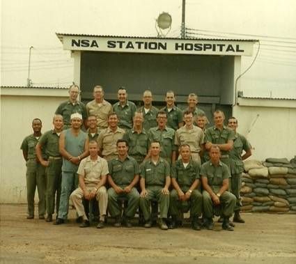 A group of Certified Nurse Anesthetists assemble in front of the hospital in Da Nang, where they were stationed during the Vietnam War. Photo courtesy of Jim Bodoh.
