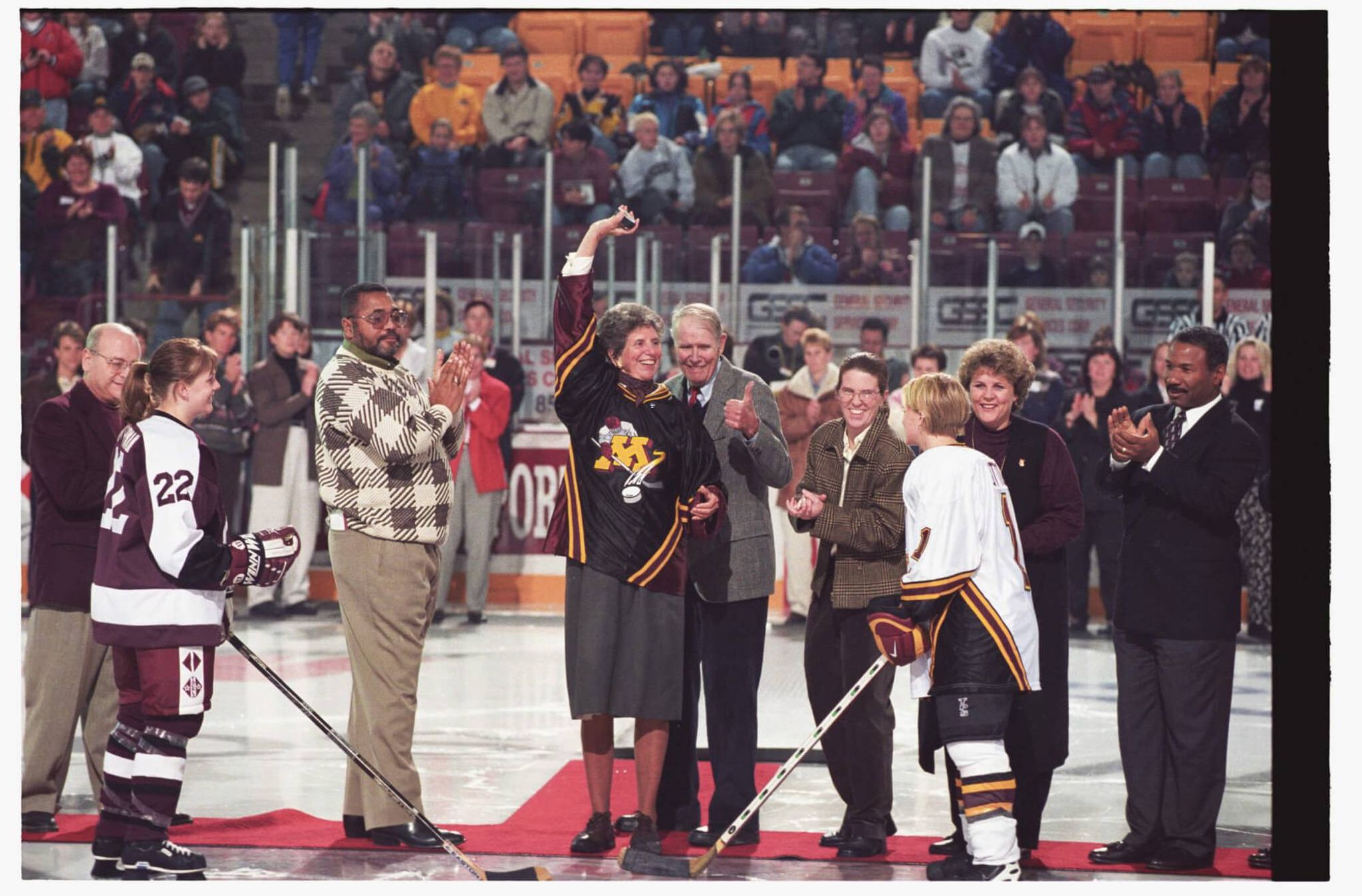 Kathleen Ridder drops the ceremonial first puck | Image courtesy of gophersports.com