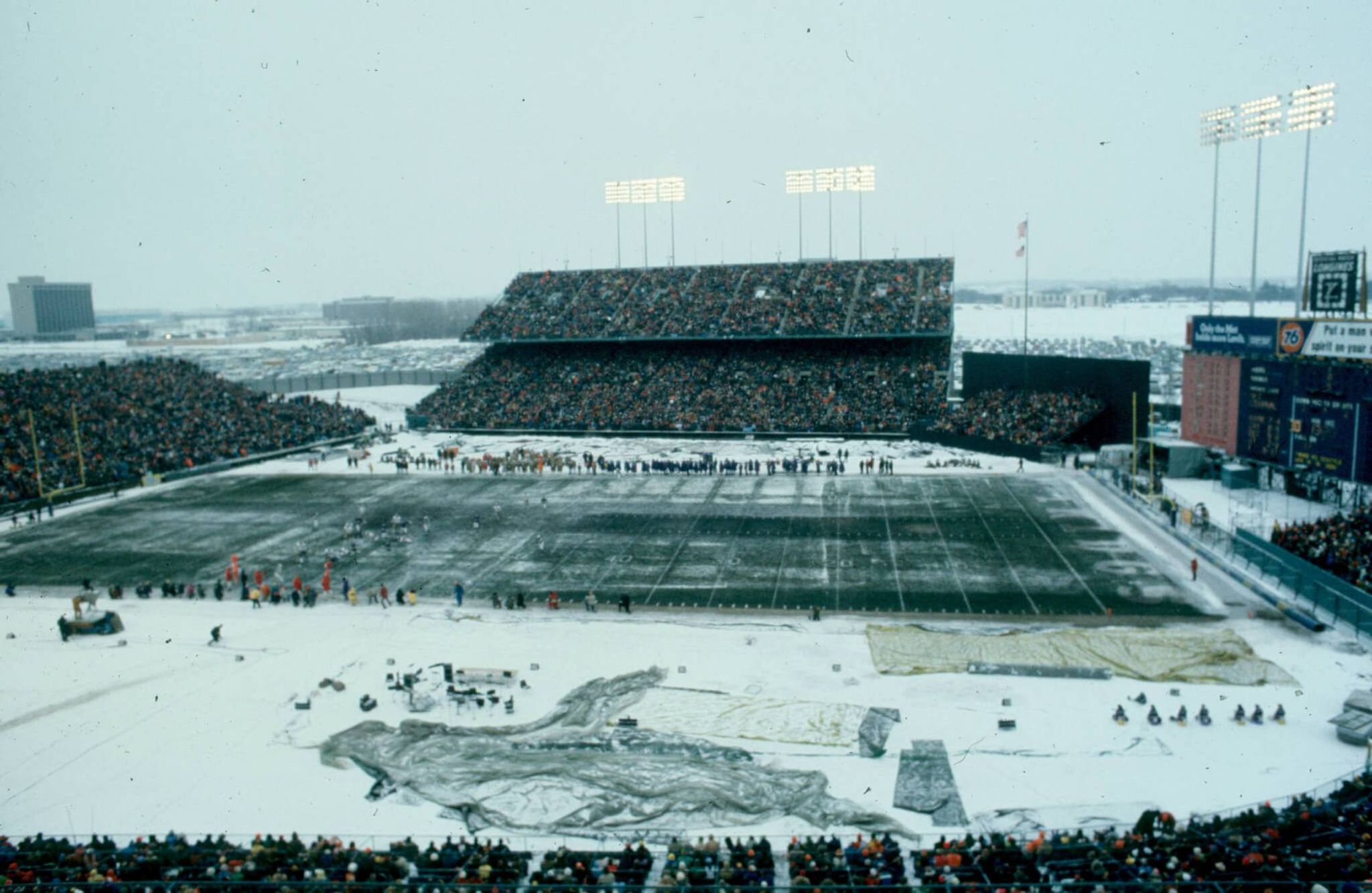 Snowy football stadium