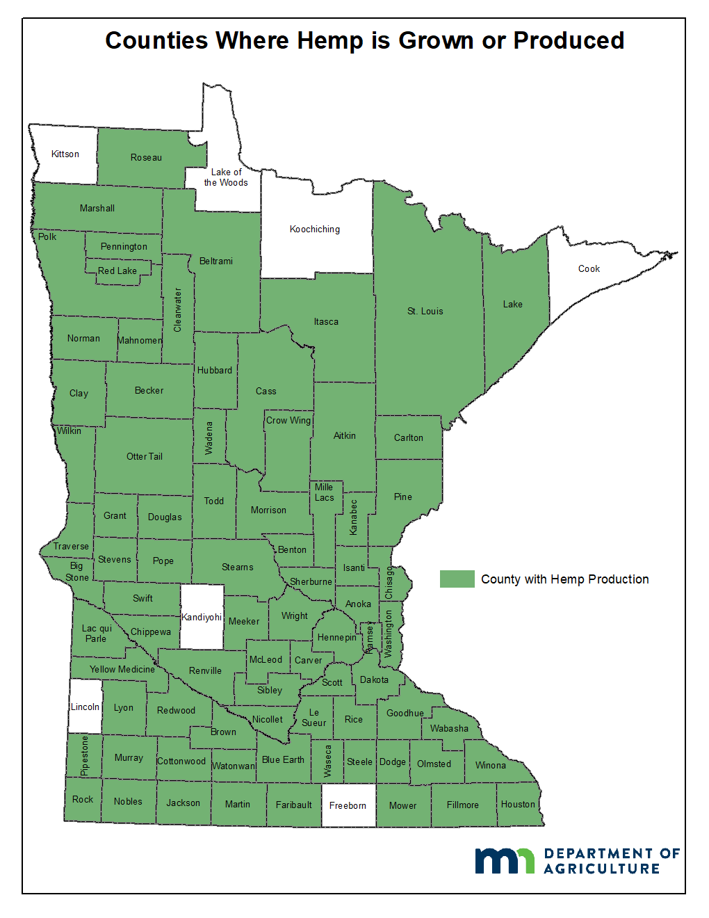 Eighty of 87 counties in Minnesota are growing Hemp. Map courtesy of the Minnesota Department of Agriculture.