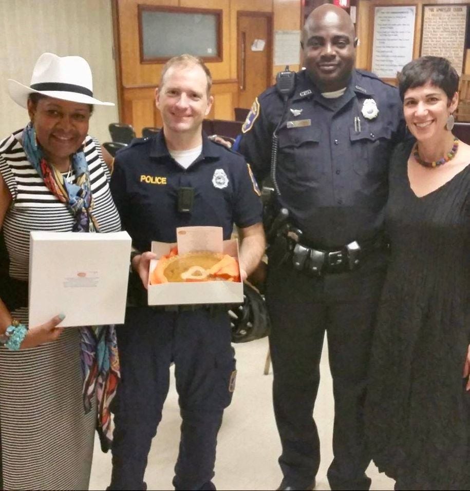 Presenting Sweet Potato Comfort Pie to police officers at Mother Emanuel AME Church in Charleston, S.C.