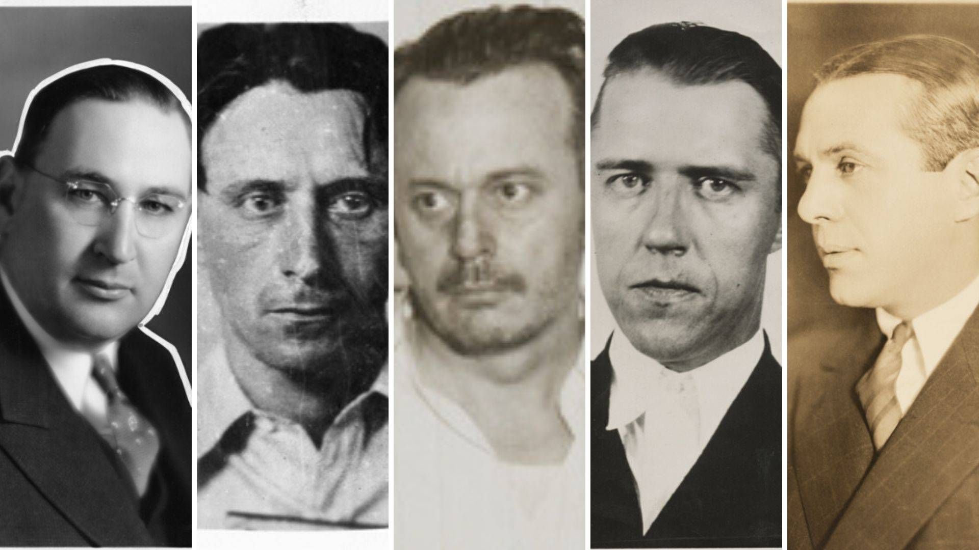 R to L: Tom Brown circa 1934, Fred Barker 1931, Arthur Barker 1935, Alvin Karpis 1936, William Hamm, Jr. 1933 | Photos courtesy of the Minnesota Historical Society