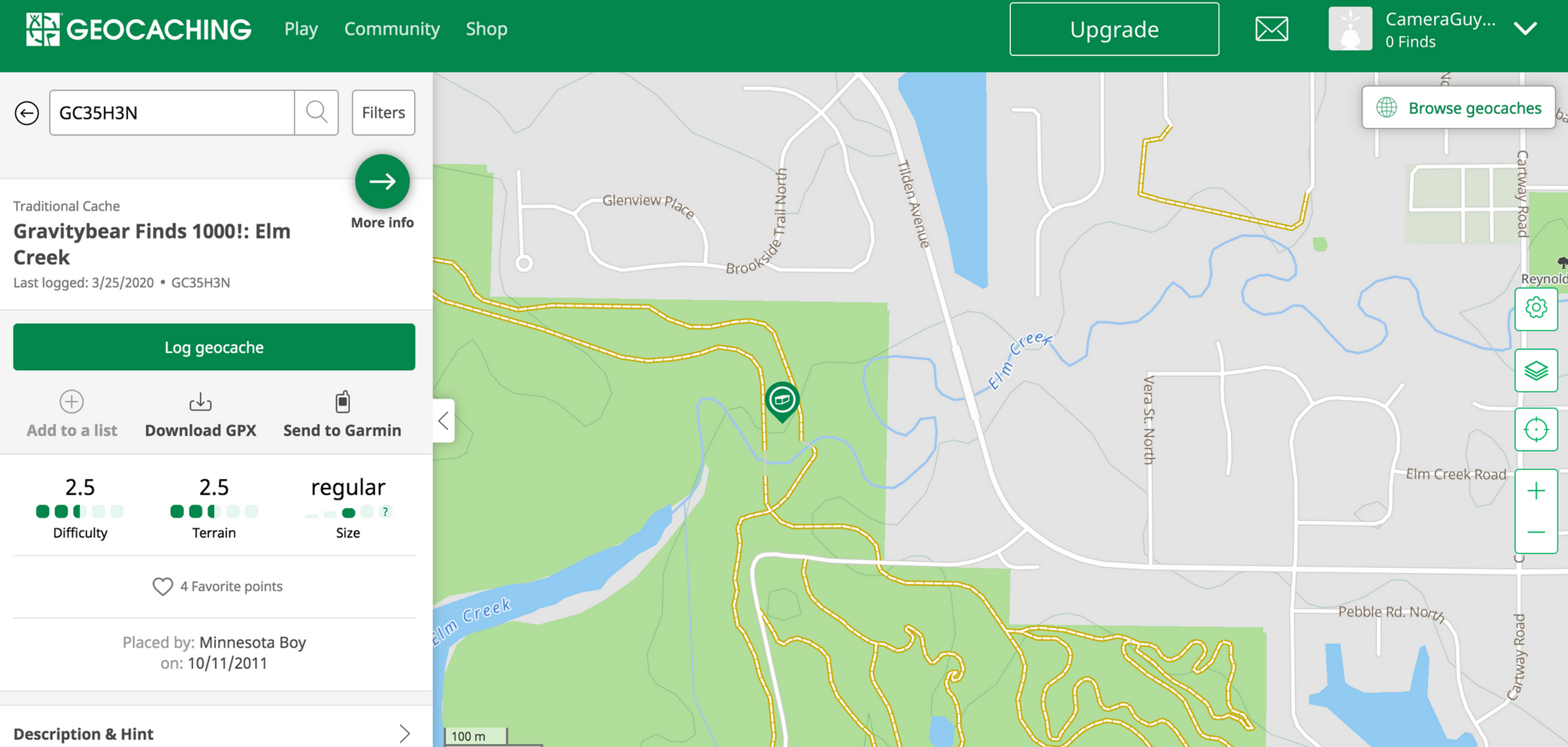 A screen shot from geocaching.com showing the approximate location of one of Tim's hidden caches.