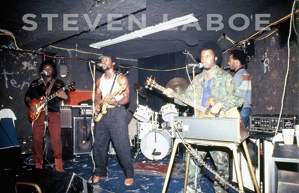 In the 7th Street Entry, from left to right, front: Randy Barber - Guitar (The Family Band), Mikel Barber - Guitar (The Family Band), Sonny Thompson - Bass (The Family Band), Joe Lewis - Drums (The Family Band). Rear: Chico Smith - Sax (The Original Family Band) in North Minneapolis....