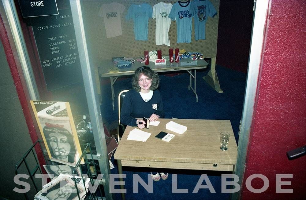 Uncle Sam's, 1977. Jodie Penhollow working the Souvenir Shop (this was to eventually become the mainroom access to the 7th Street Entry).