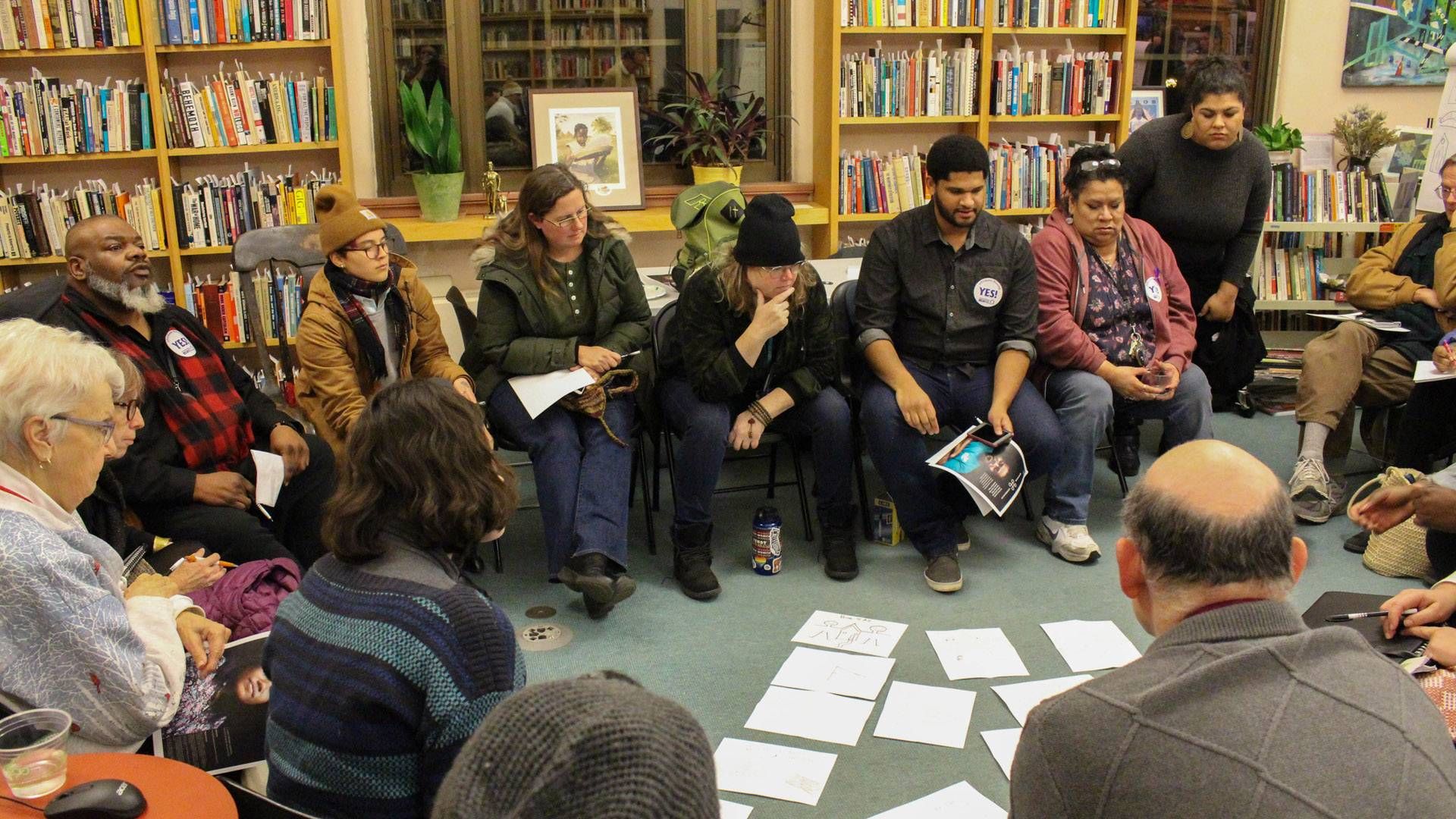 Small group talking at a library event