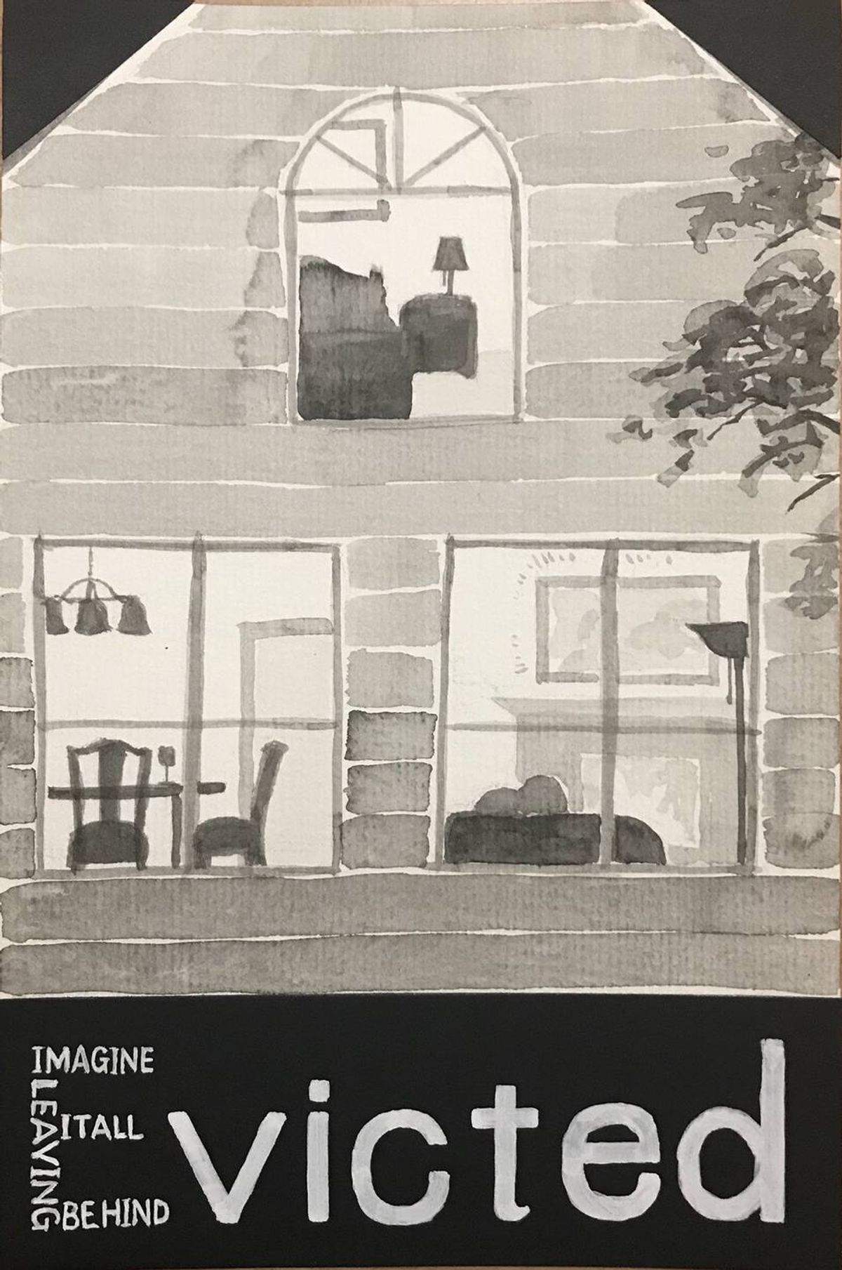 Ink drawing of a home with the word evicted