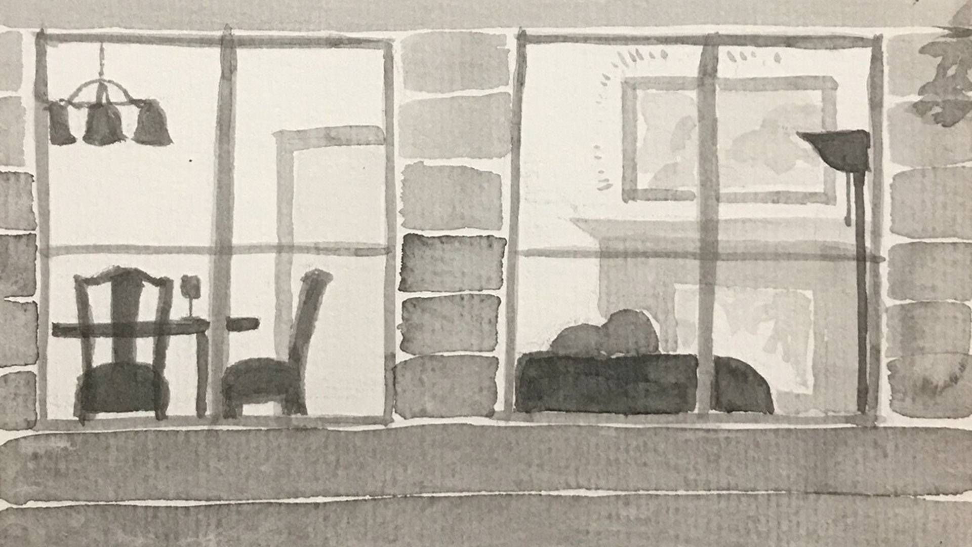 Ink drawing of windows in a house
