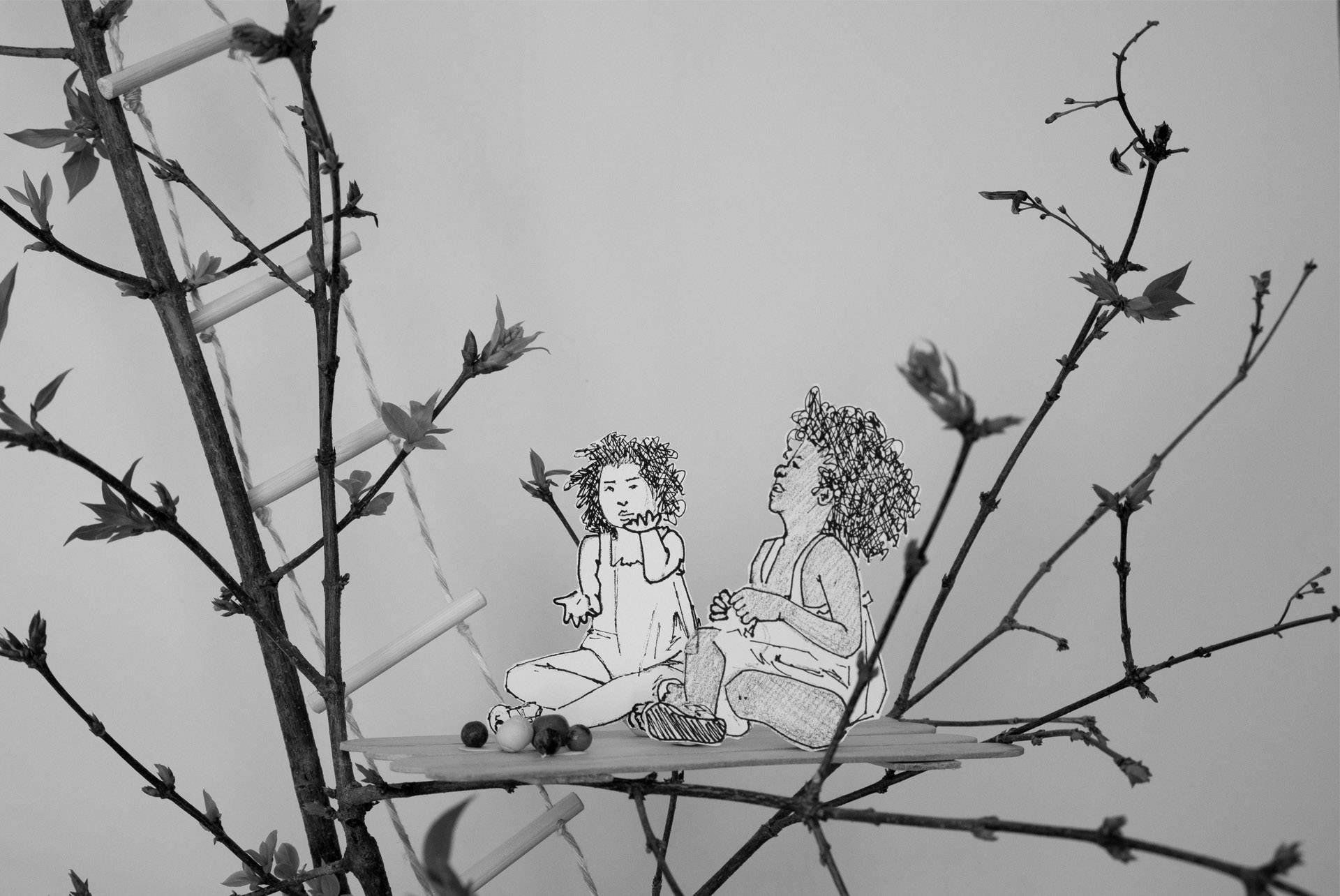 Photo of tree and illustration of two girls