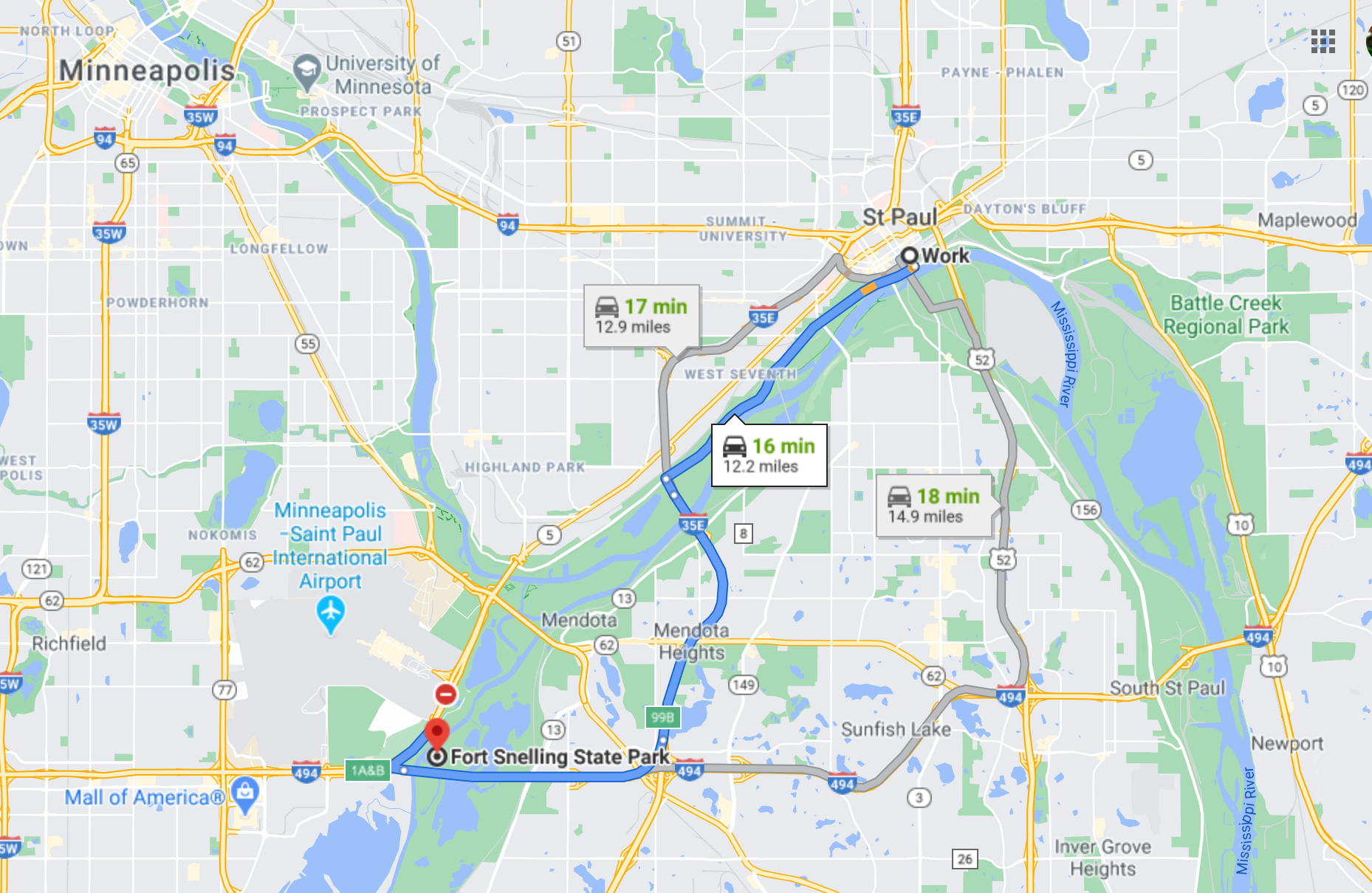 A Google map showing the routes from St. Paul to Fort Snelling State Park.