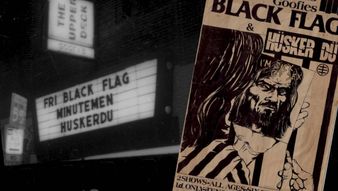 Collage showing theater sign for Minutemen, Huskerdu and a poster for the show