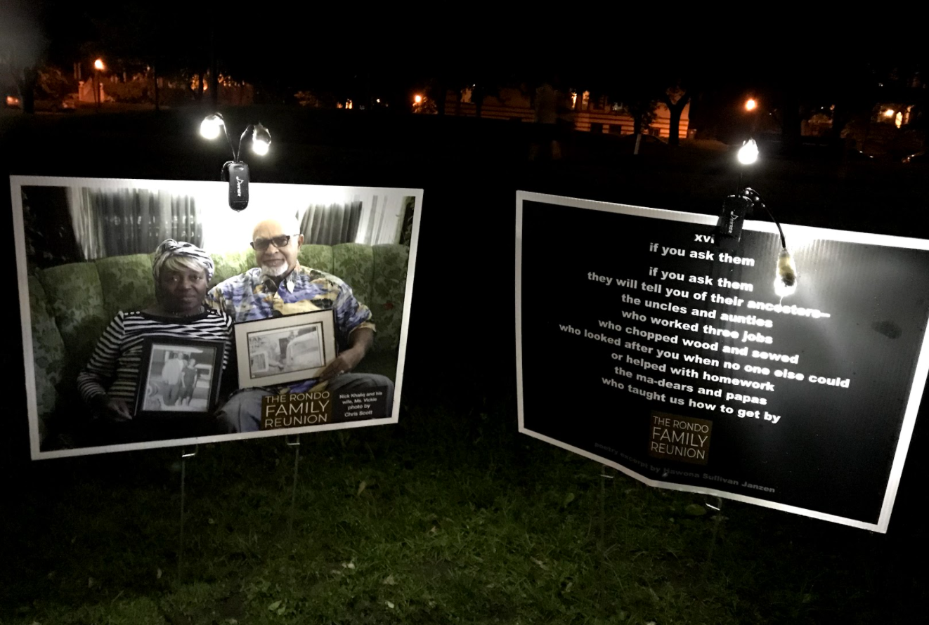 Hawona Sullivan Janzen's poetry appeared on yard signs as part of the Rondo Family Reunion Project. Photo courtesy of Hawona Sullivan Janzen.