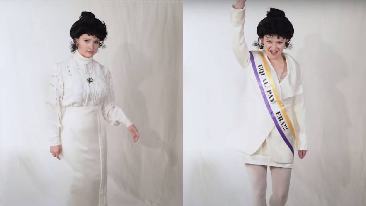 St. Kate's Professor Carol Major's then-and-now recreations of the "suffrage uniform": The image at left is a historical reproduction, while the image at right is a modern interpretation in the "Equal Pay Era."