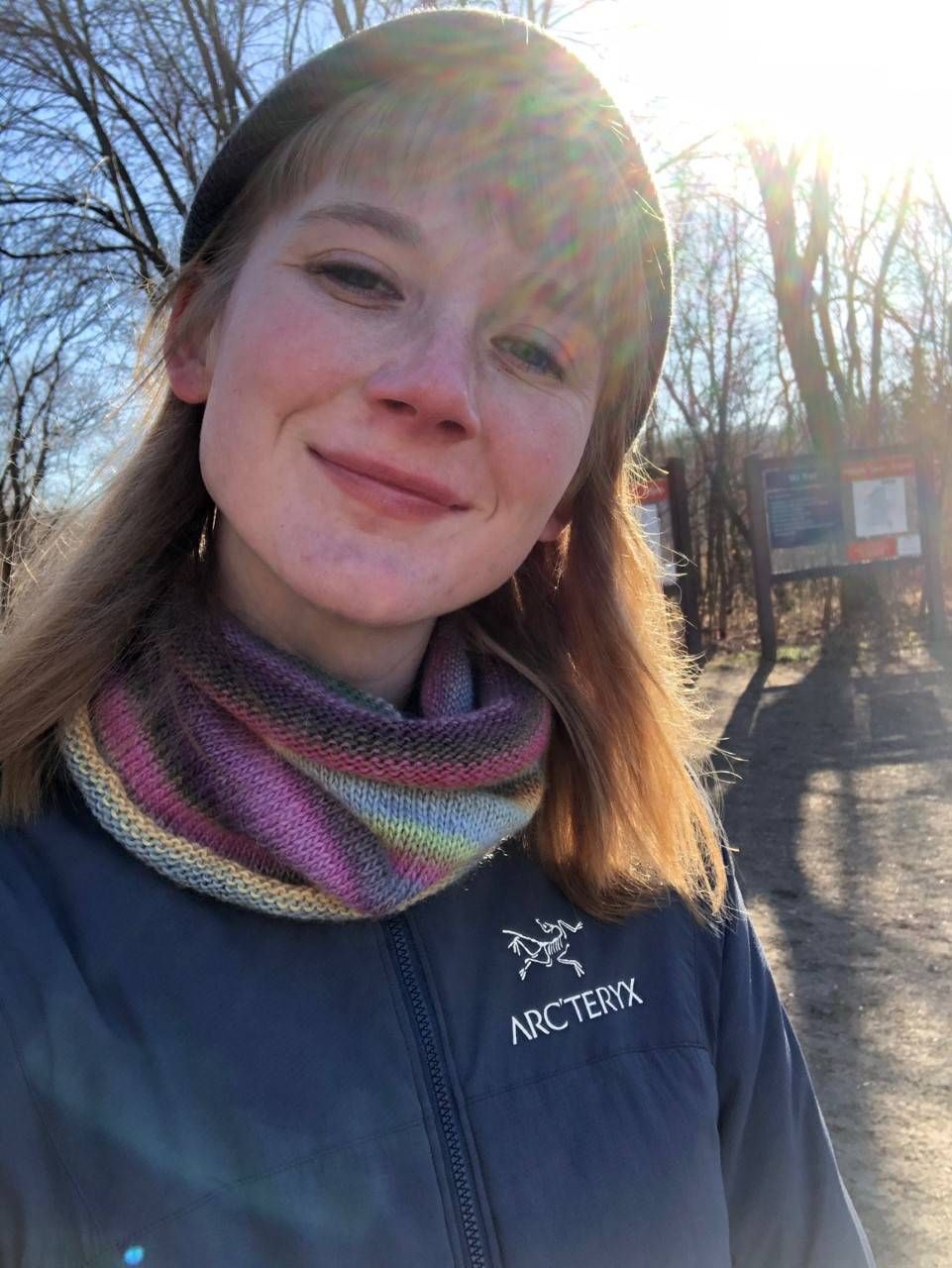 At the trailhead of Murphy-Hanrehan, wearing a neck warmer made by my former TPT colleague Amanda Reardon.