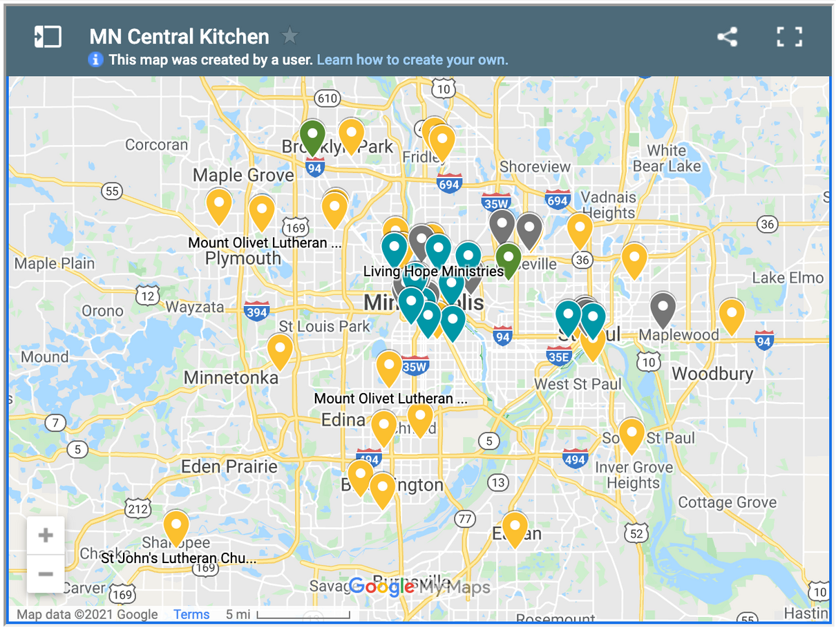 The Minnesota Central Kitchen provides free meals to anyone in the Twin Cities. Find a meal distribution site near you.