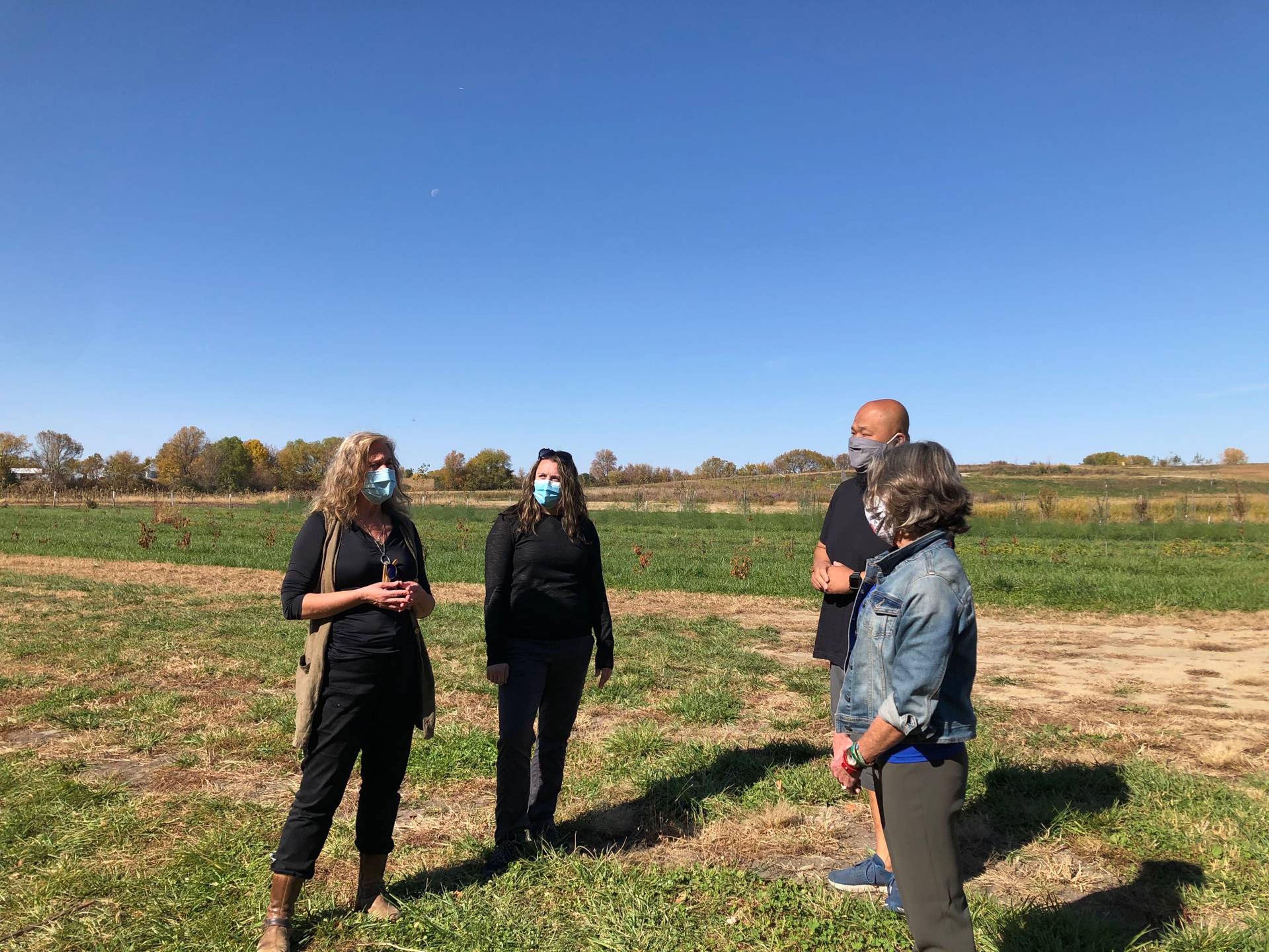 L to R: Julie Ristau, Heidi Anderson, Yia Vang, Beth Dooley at Sharing Roots Farm.