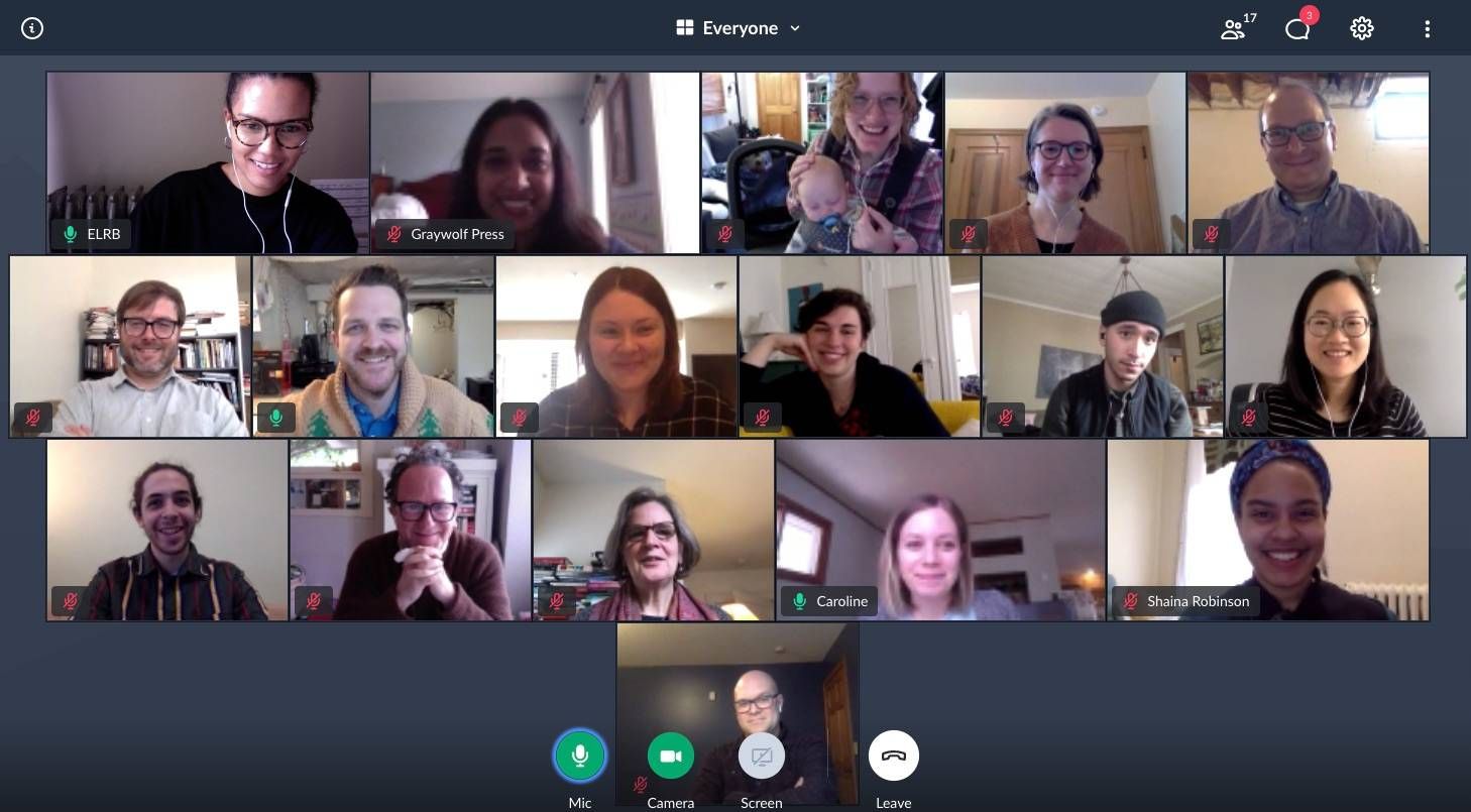 The Graywolf Press staff engage in a virtual hangout.