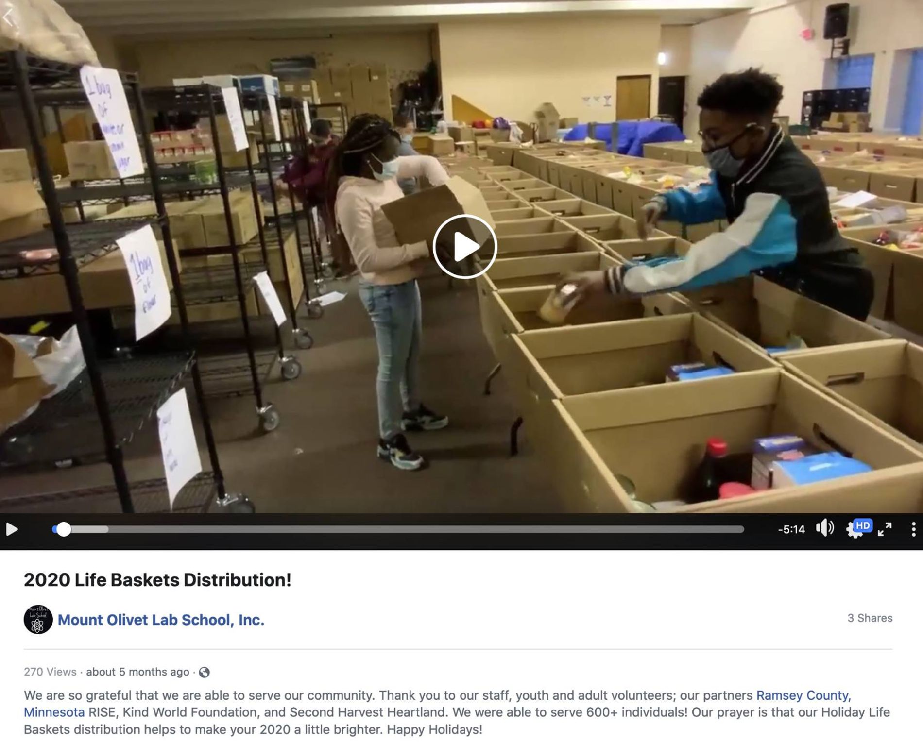 A Facebook post from the Mount Olivet Lab School about their Holiday Life Baskets distribution triumph.