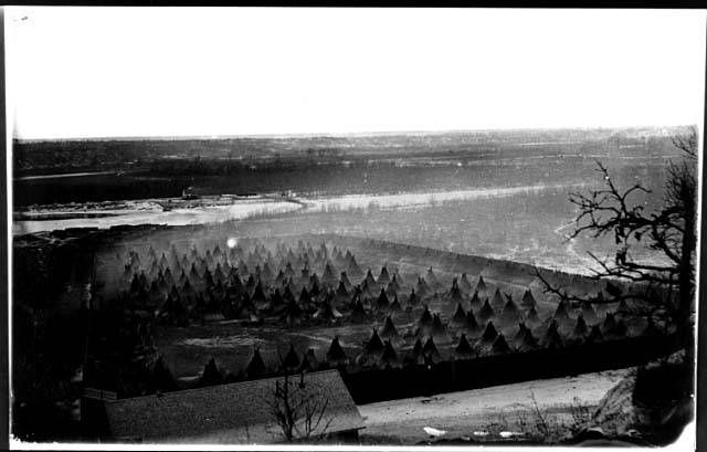 1,600 Dakota non-combatants spent a deadly winter imprisoned at Pike Island while Dakota warriors were tried in a kangaroo court (image: Minnesota Historical Society)