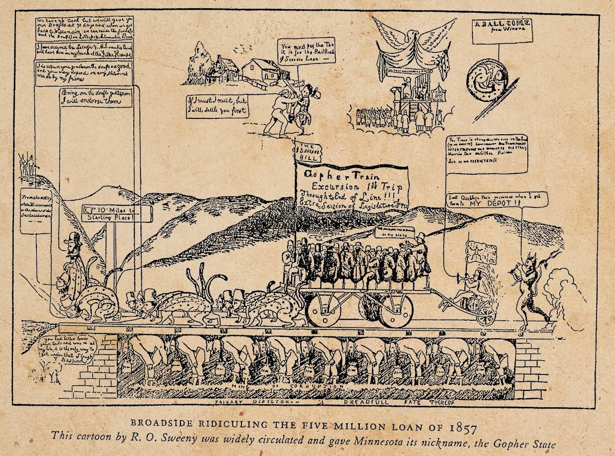 Robert O. Sweeny's "Gopher Train" cartoon of 1857 (click to enlarge)