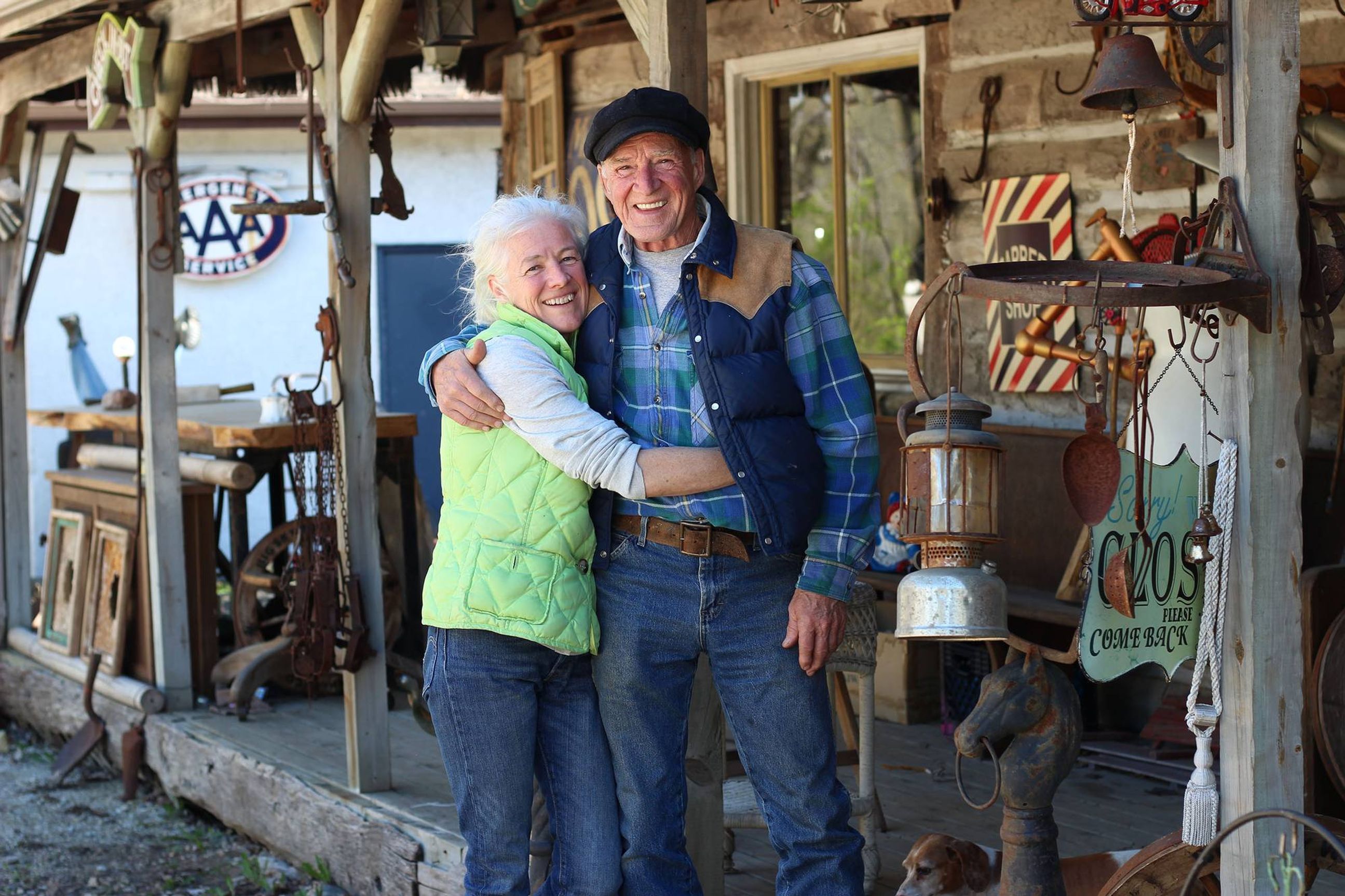 Jake and his partner, Kathy, stand before some of the "junk" treasures at Hot Sam's Antiques & Foto Park.