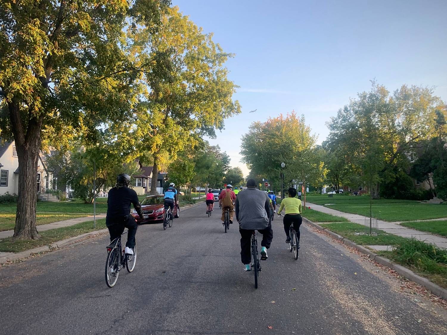 A group of bicyclists ride down a tree-lined street. 