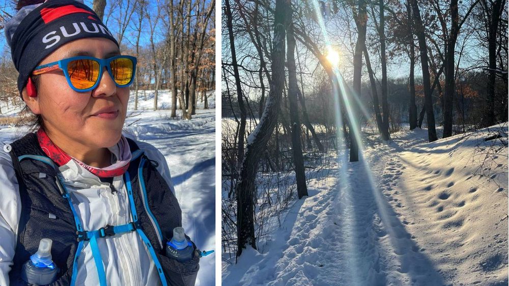 A woman wearing a running vest with water bottles and sunglasses looks off frame. Next to her is a photo of a winter running trail.