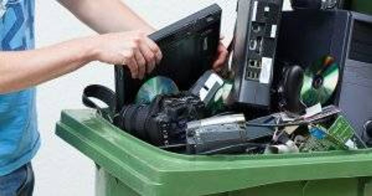 Putting used and old computer hardware into a recycling bin Broken Electronics pbs rewire