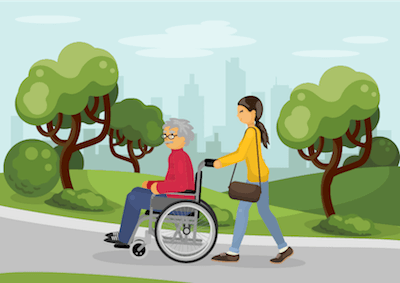 An illustration of a younger woman pushing an older person in a wheelchair. Rewire PBS Our Future Caregiving