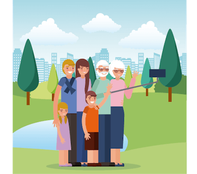 Illustration of family including grandparents, parents, and kids. Aging Parents pbs rewire