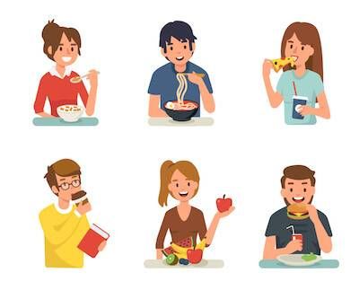 Illustration of different men and women eating different foods. Disordered Eating pbs rewire