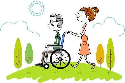 Illustration of daughter walking her wheelchair bound father in a park. Estate Planning pbs rewire